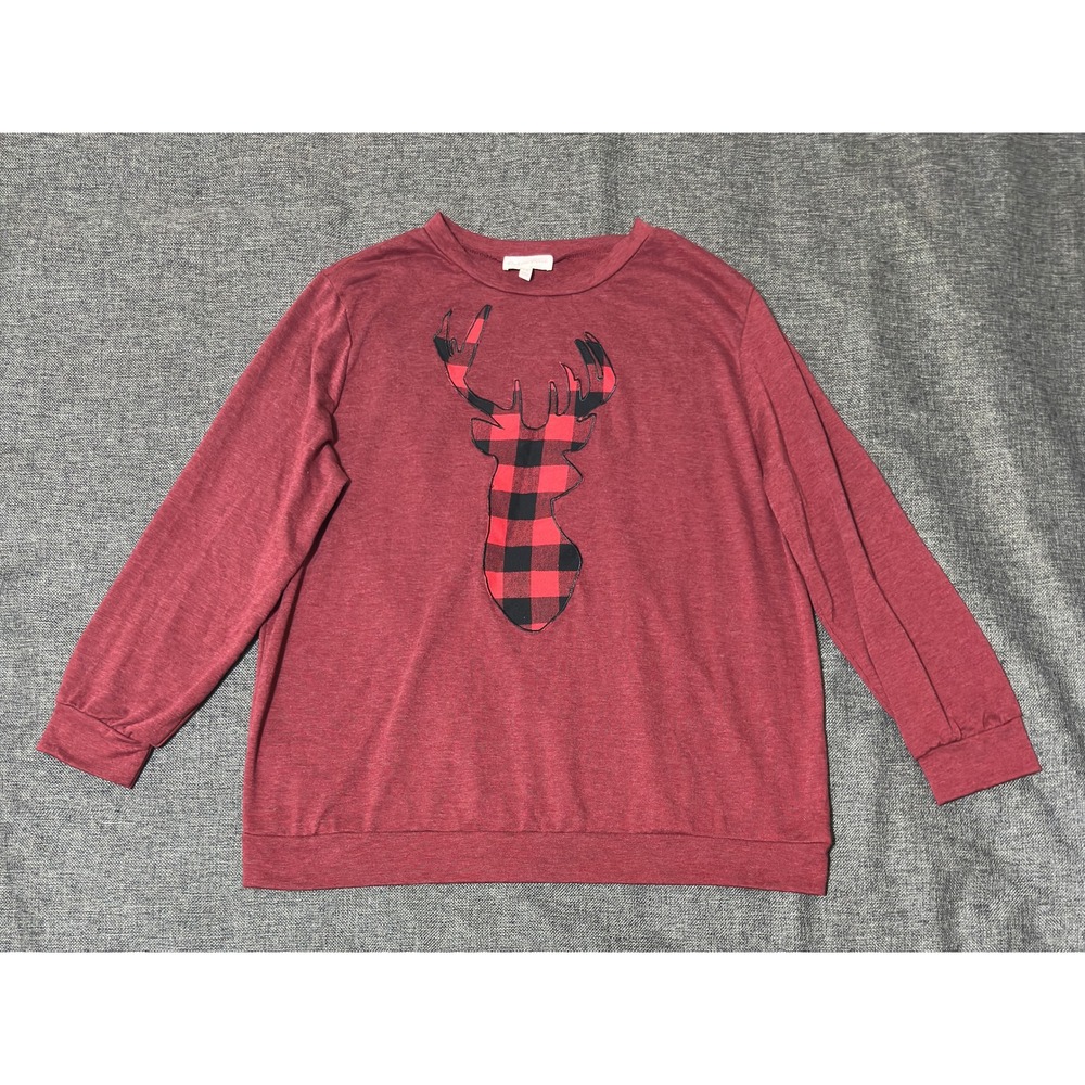 Perfect Peach Womens 1X Sweatshirt Red Plaid Reindeer Graphic Pullover POT2070Y